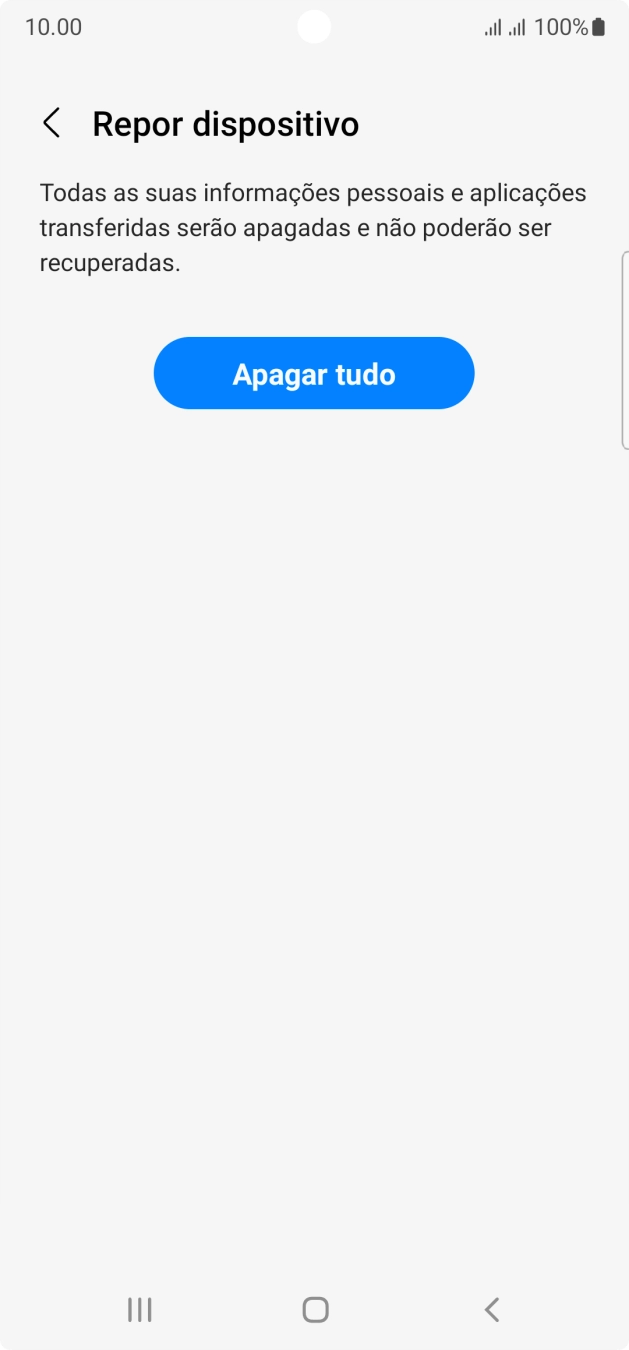 Prima Apagar tudo. Aguarde um momento enquanto o telefone restabelece as definições originais. Siga as indicações no ecrã para configurar o telefone de modo que este fique pronto a ser utilizado.