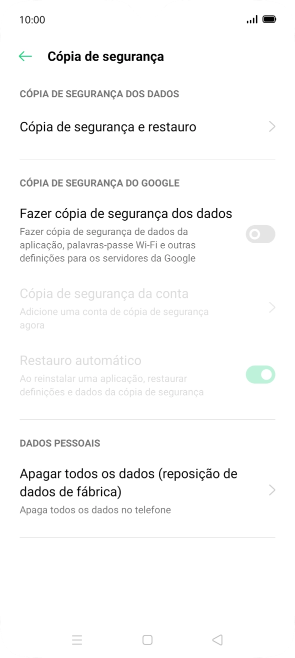 Prima Apagar todos os dados (reposição de dados de fábrica).