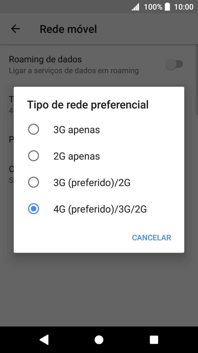 Prima o tipo de rede pretendido.