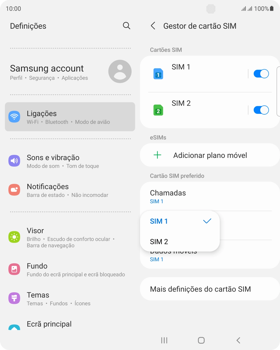 Prima o cartão SIM pretendido.