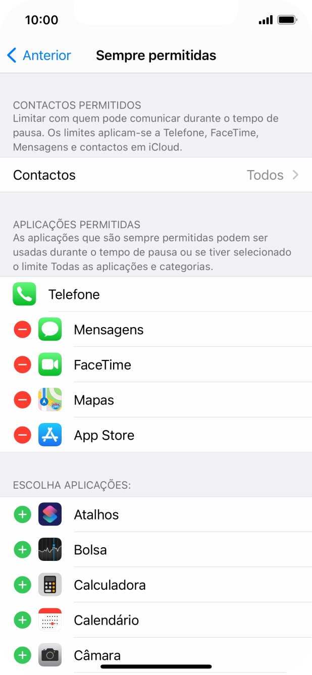 Prima o ícone para remover junto da app pretendida para a remover da lista de apps permitidas durante o Tempo de pausa.