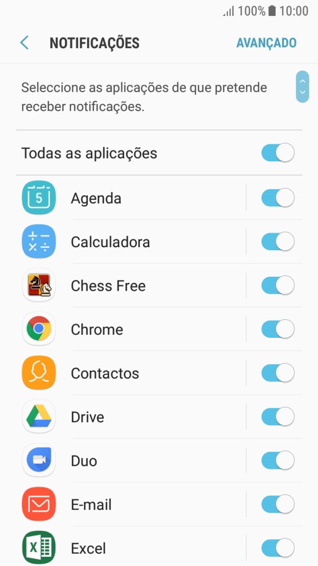 Prima o indicador junto à app pretendida para ativar ou desativar a função.