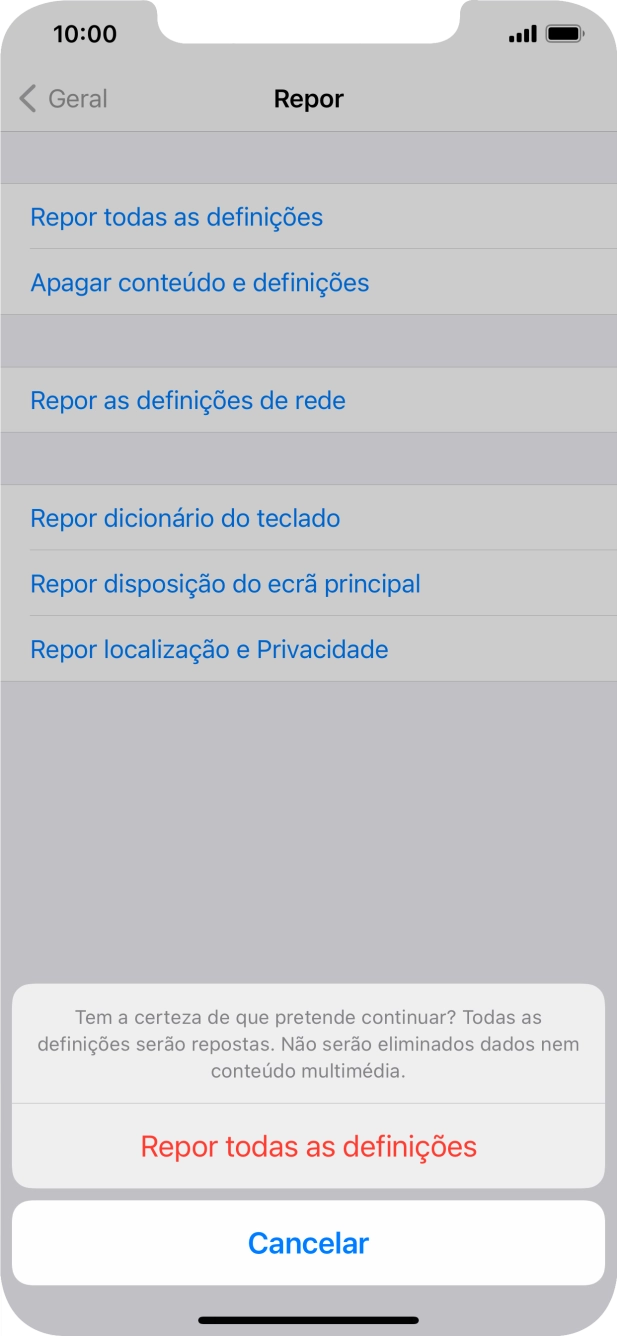 Prima Repor todas as definições. Aguarde um momento enquanto o telefone restabelece as definições originais. Siga as indicações no ecrã para configurar o telefone de modo que este fique pronto a ser utilizado.