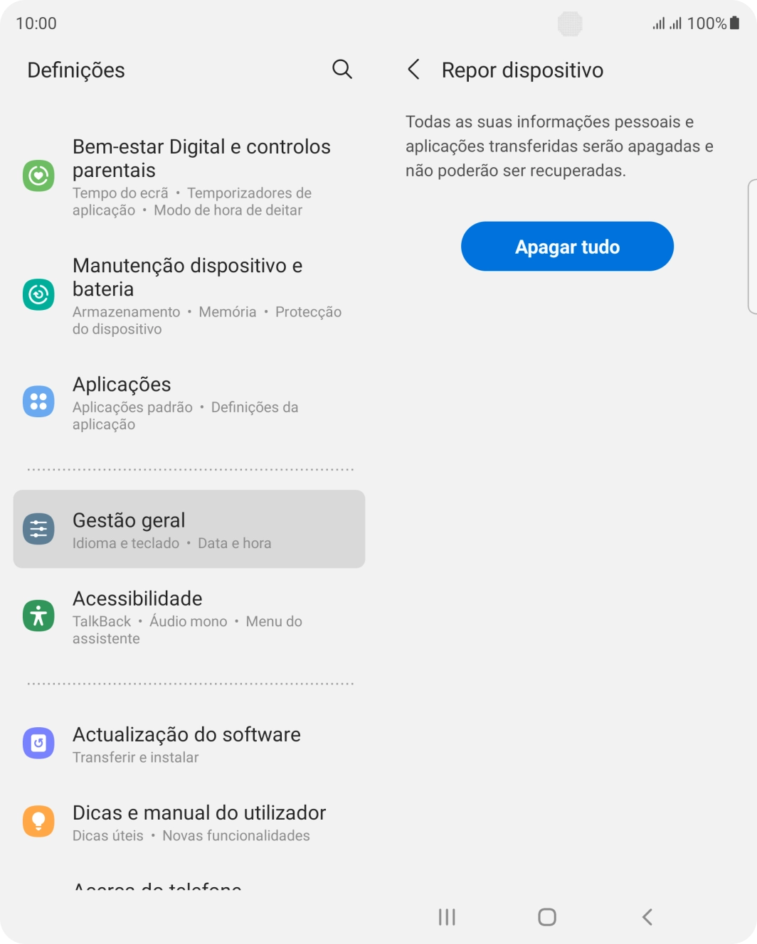 Prima Apagar tudo. Aguarde um momento enquanto o telefone restabelece as definições originais. Siga as indicações no ecrã para configurar o telefone de modo que este fique pronto a ser utilizado.
