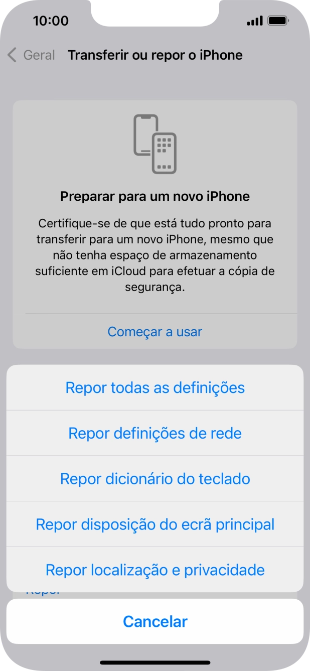 Prima Repor todas as definições.