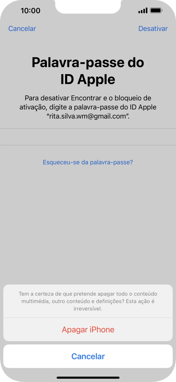 Introduza a password do ID Apple e prima Apagar iPhone. Aguarde um momento enquanto o telefone restabelece as definições originais. Siga as indicações no ecrã para configurar o telefone de modo que este fique pronto a ser utilizado.
