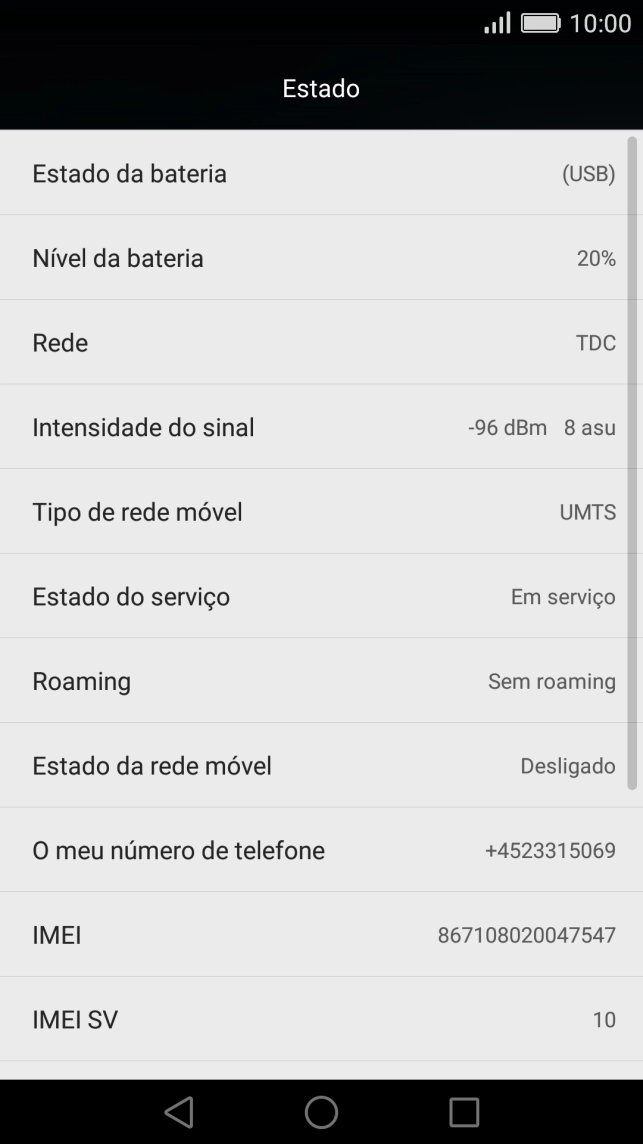 O código IMEI é mostrado no ecrã.