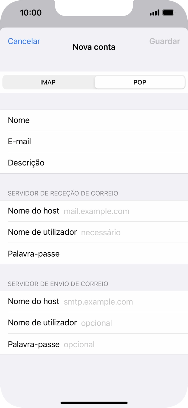 Prima Nome do host e introduza o nome do servidor de receção do fornecedor de e-mail.