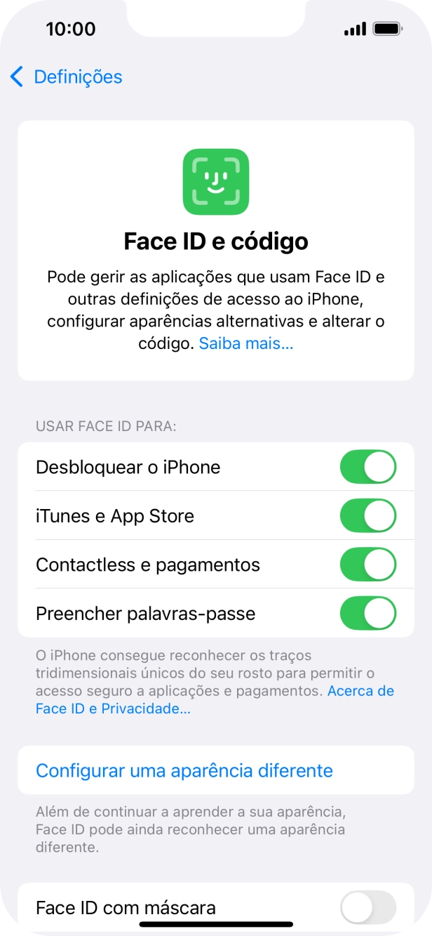 Prima os indicadores junto às definições pretendidas para as ativar ou desativar.