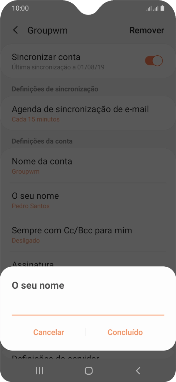 Introduza o nome de remetente e prima Concluído.