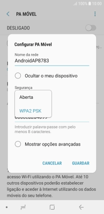 Prima WPA2 PSK para proteger o hotspot Wi-Fi com uma password.