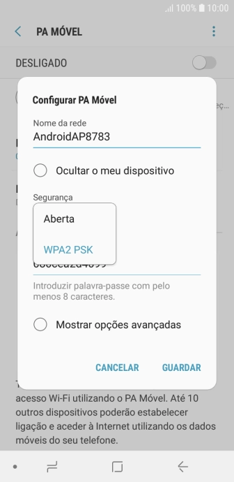 Prima WPA2 PSK para proteger o hotspot Wi-Fi com uma password.
