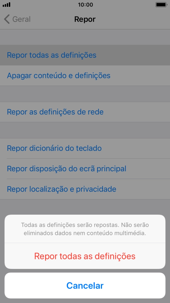 Prima Repor todas as definições.
