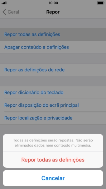 Prima Repor todas as definições.