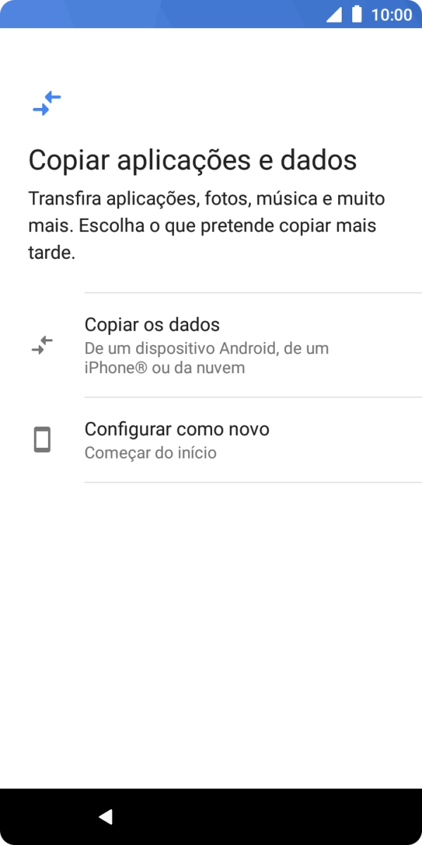 É possível transferir conteúdo de outro telefone quando o telefone for ativado antes da primeira utilização e quando o telefone tiver sido reiniciado. Quando esta imagem for mostrada no ecrã, o telefone está pronto para transferir conteúdo de outro telefone.