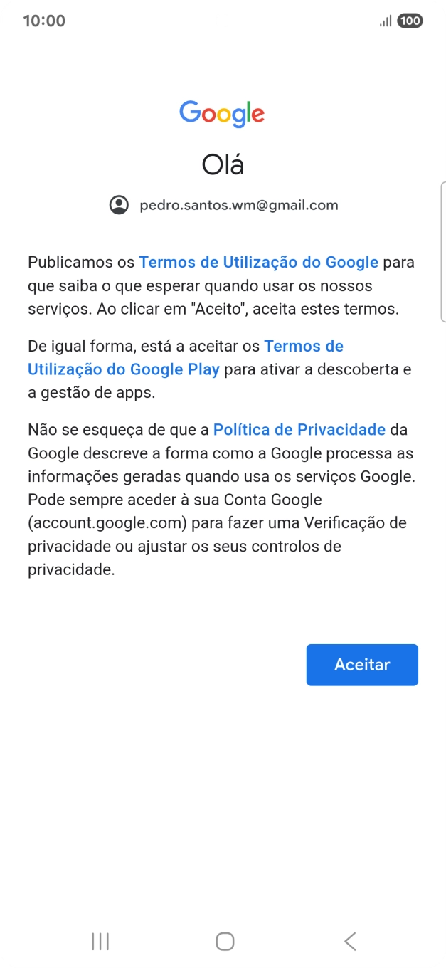 Prima Aceitar e siga as indicações no ecrã para escolher as definições da conta Google.