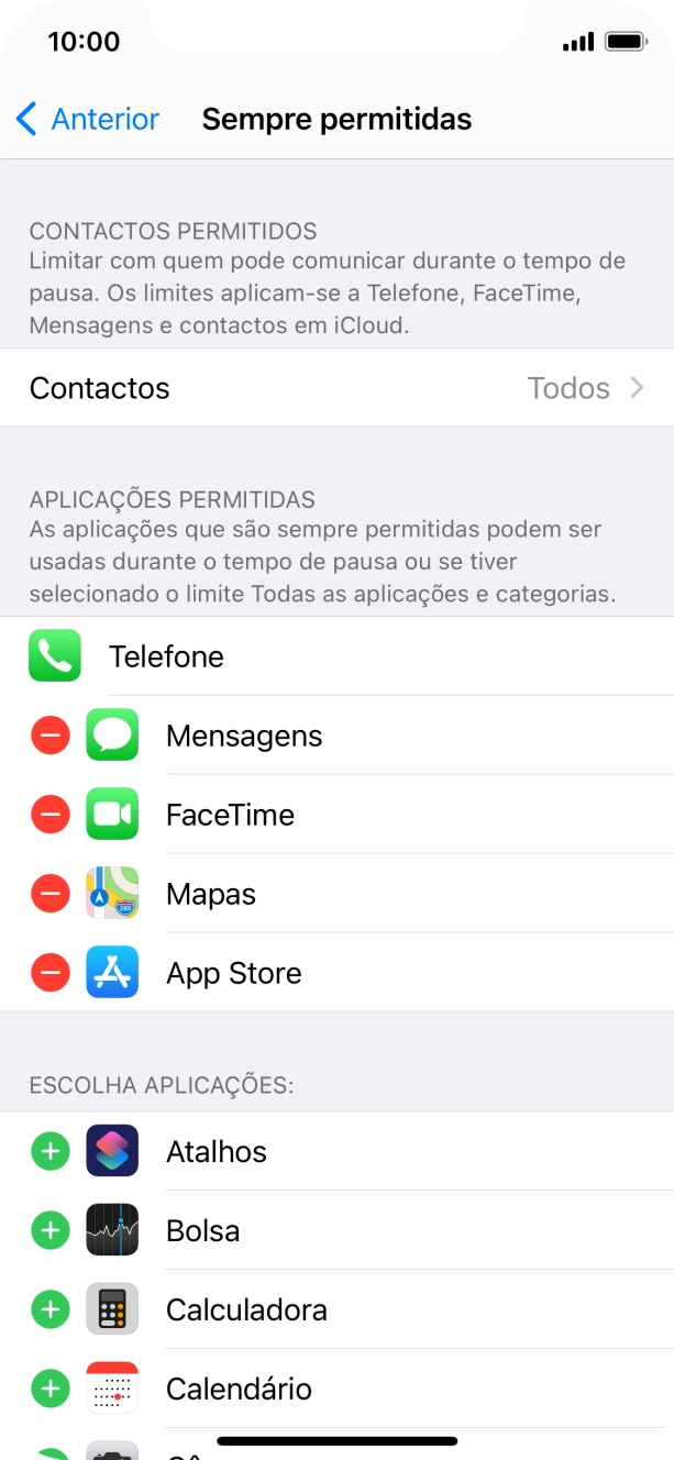 Prima o ícone para remover junto da app pretendida para a remover da lista de apps permitidas durante o Tempo de pausa.