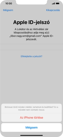 Írd be az Apple ID-hoz tartózó jelszót, és válaszd Az iPhone törlése lehetőséget. Várj egy kicsit, amíg a telefon visszaállítja a gyári beállításokat. A telefon konfigurálásához és ahhoz, hogy üzemkész állapotba hozd, kövesd a képernyőn megjelenő utasításokat.