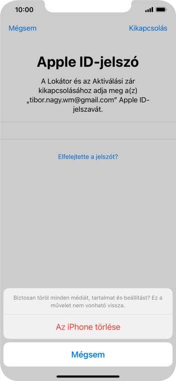 Írd be az Apple ID-hoz tartózó jelszót, és válaszd Az iPhone törlése lehetőséget. Várj egy kicsit, amíg a telefon visszaállítja a gyári beállításokat. A telefon konfigurálásához és ahhoz, hogy üzemkész állapotba hozd, kövesd a képernyőn megjelenő utasításokat.