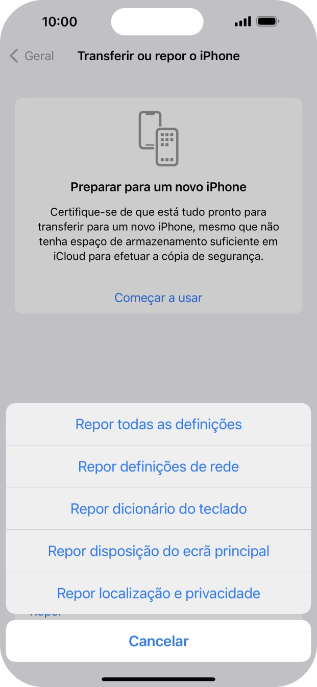 Prima Repor todas as definições.