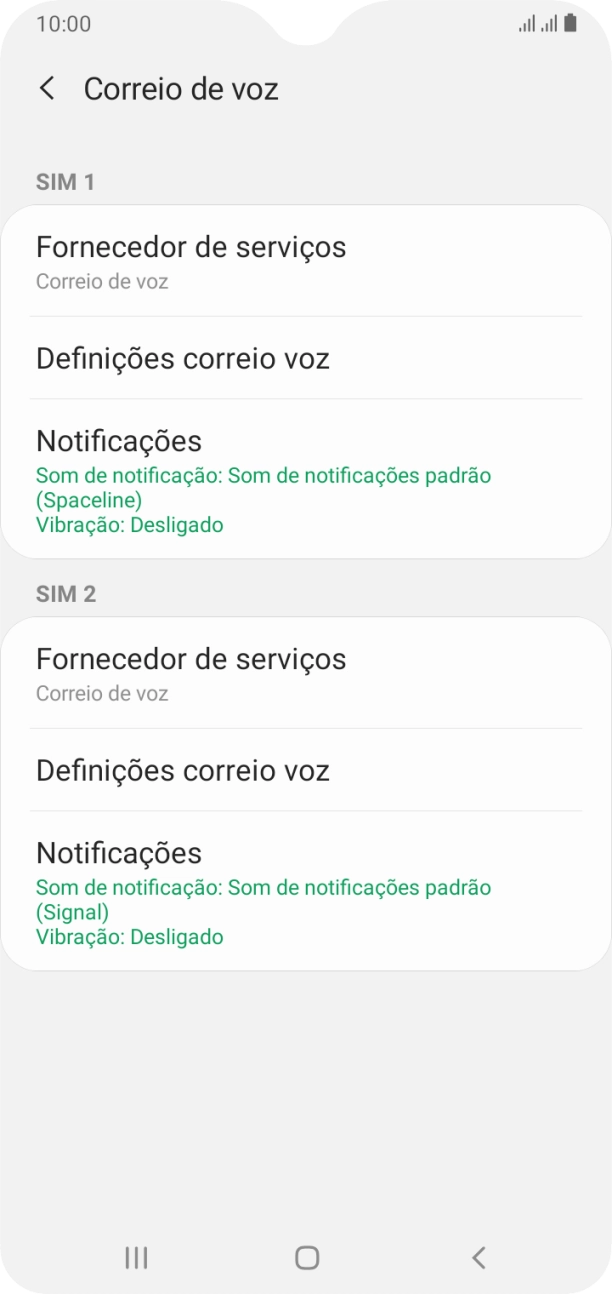 Prima Definições correio voz sob o cartão SIM pretendido.
