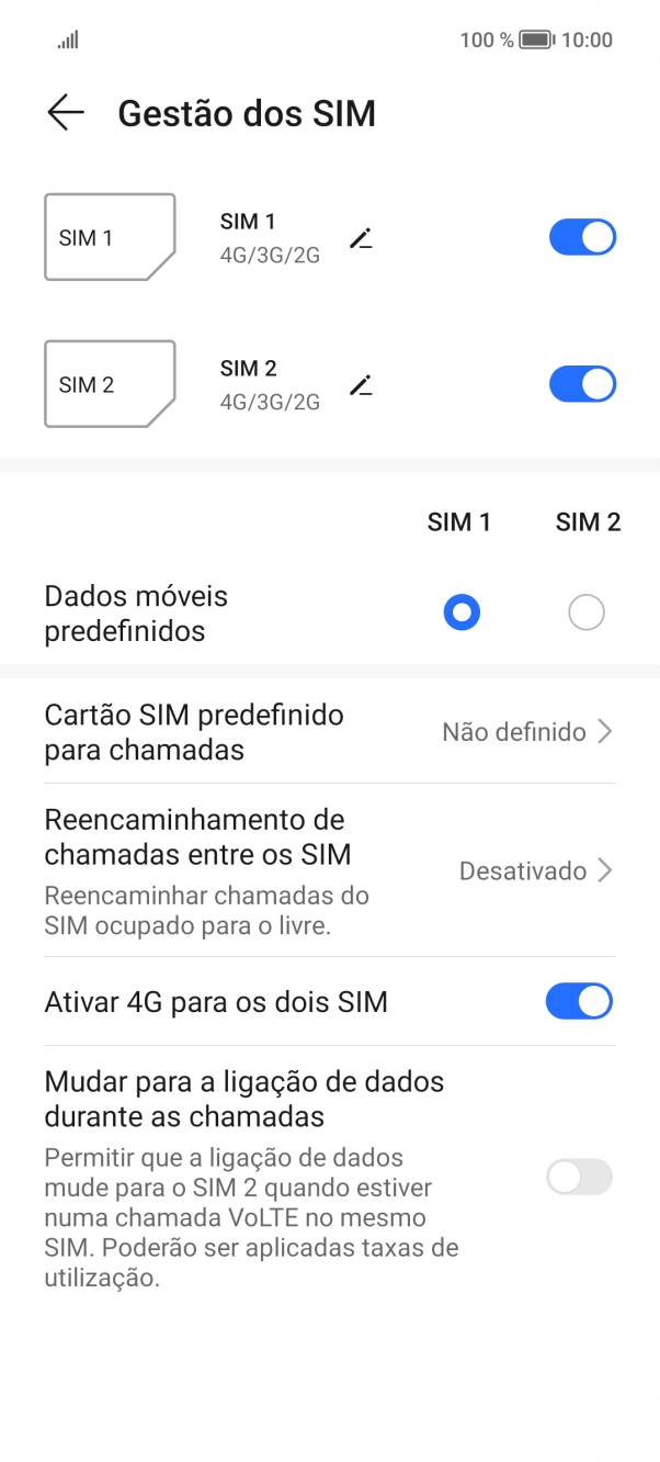 Prima o indicador  junto ao cartão SIM pretendido para ativar ou desativar a utilização do cartão SIM.