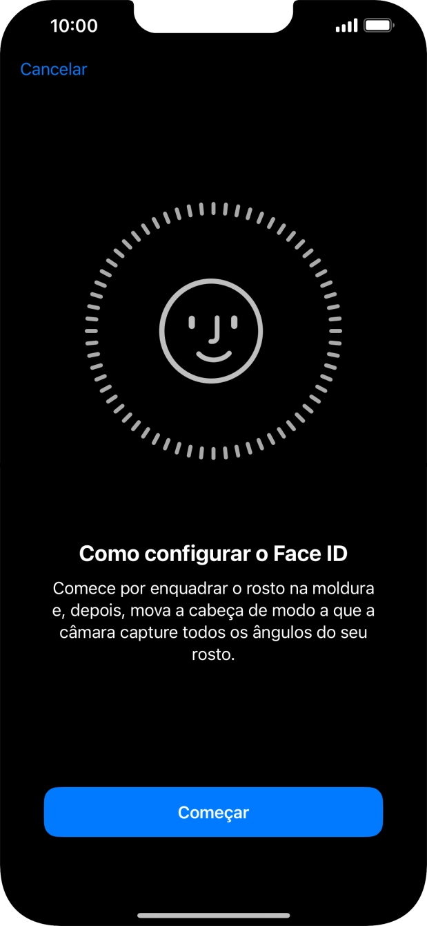 Prima Começar e siga as indicações no ecrã para estabelecer um código de reconhecimento facial (Face ID).