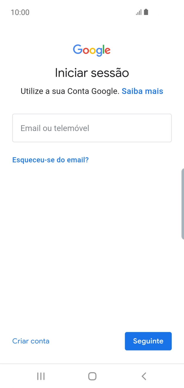 Se não tiver uma conta Google, prima Criar conta e siga as indicações no ecrã para criar uma conta.