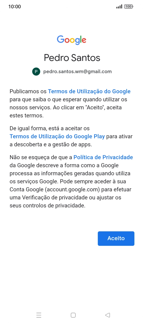 Prima Aceito e siga as indicações no ecrã para escolher as definições da conta Google.