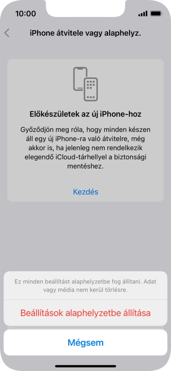 Válaszd a Beállítások alaphelyzetbe állítása lehetőséget. Várj egy kicsit, amíg a telefon visszaállítja a gyári beállításokat. A telefon konfigurálásához és ahhoz, hogy üzemkész állapotba hozd, kövesd a képernyőn megjelenő utasításokat.