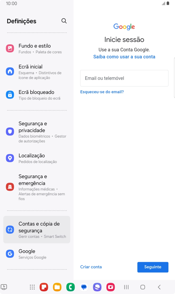 Se não tiver uma conta Google, prima Criar conta e siga as indicações no ecrã para criar uma conta.
