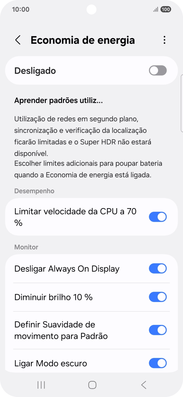 Prima os indicadores junto às definições pretendidas para as ativar ou desativar.