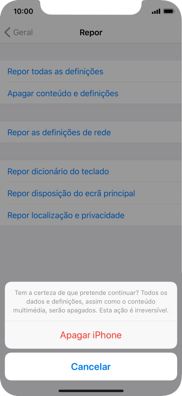 Prima Apagar iPhone. Aguarde um momento enquanto o telefone restabelece as definições originais. Siga as indicações no ecrã para configurar o telefone de modo que este fique pronto a ser utilizado.