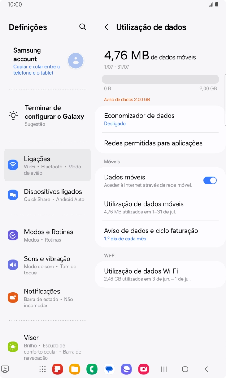 O consumo total de dados é agora mostrado no ecrã.