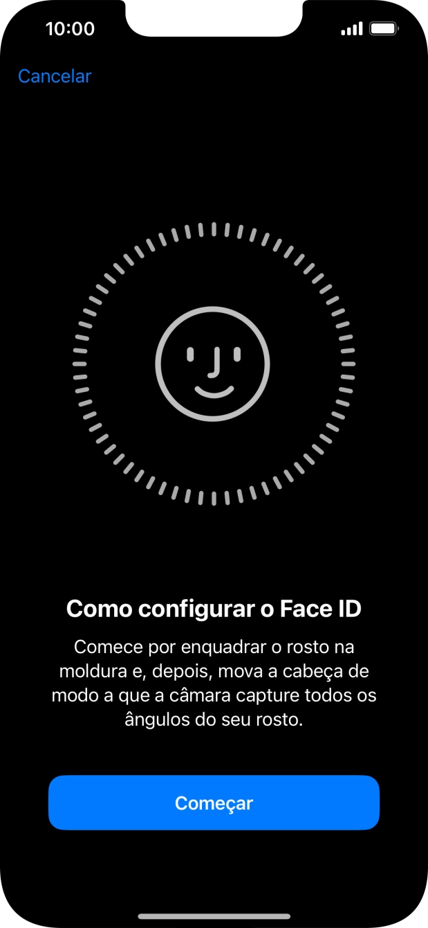 Prima Começar e siga as indicações no ecrã para estabelecer um código de reconhecimento facial (Face ID).
