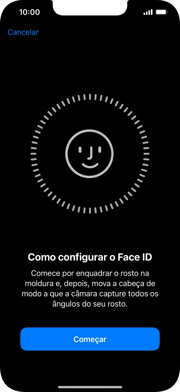 Prima Começar e siga as indicações no ecrã para estabelecer um código de reconhecimento facial (Face ID).