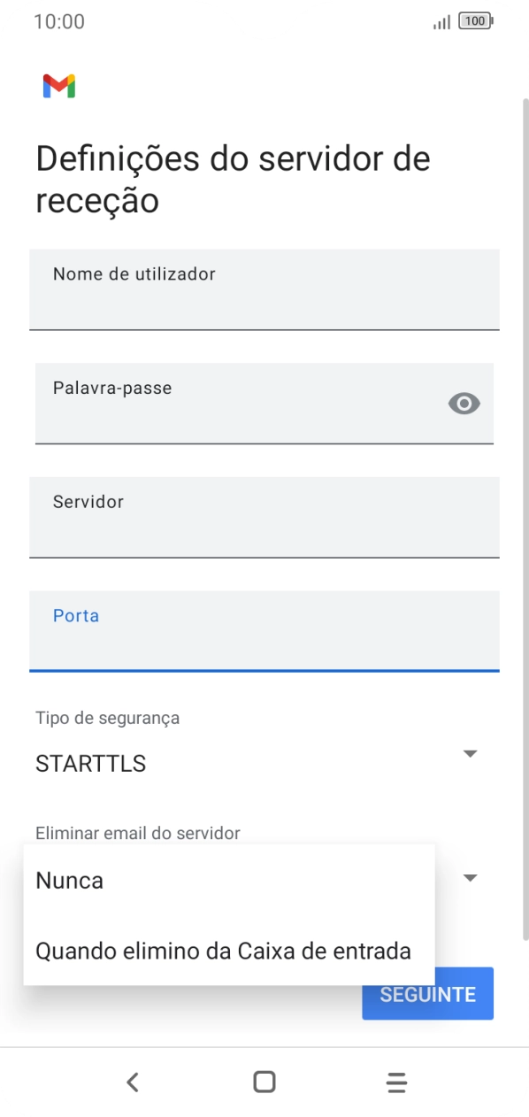 Prima Nunca para manter os e-mails no servidor quando estes são apagados no telefone.