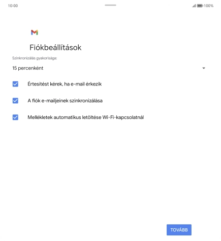 Amennyiben a kijelzőn ez a képernyőkép látható, az e-mail-fiókodat felismerte a rendszer, és automatikusan beállította. Kövesd a képernyőn megjelenő utasításokat  további adatok csatolásához, és fejezd be az új fiók létrehozását.