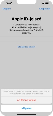 Írd be az Apple ID-hoz tartózó jelszót, és válaszd Az iPhone törlése lehetőséget. Várj egy kicsit, amíg a telefon visszaállítja a gyári beállításokat. A telefon konfigurálásához és ahhoz, hogy üzemkész állapotba hozd, kövesd a képernyőn megjelenő utasításokat.