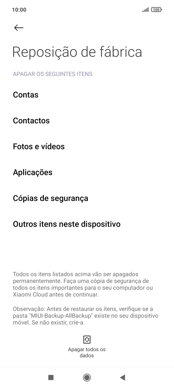 Prima Apagar todos os dados.