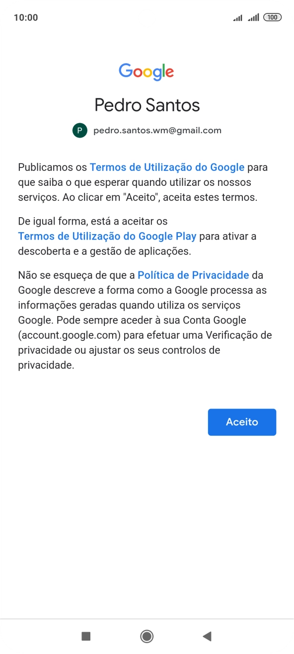 Prima Aceito e siga as indicações no ecrã para escolher as definições da conta Google.