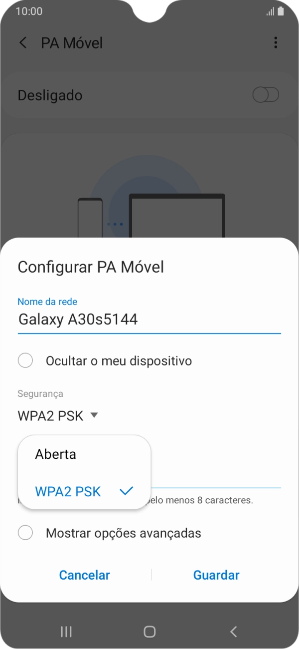 Prima WPA2 PSK para proteger o hotspot Wi-Fi com uma password.