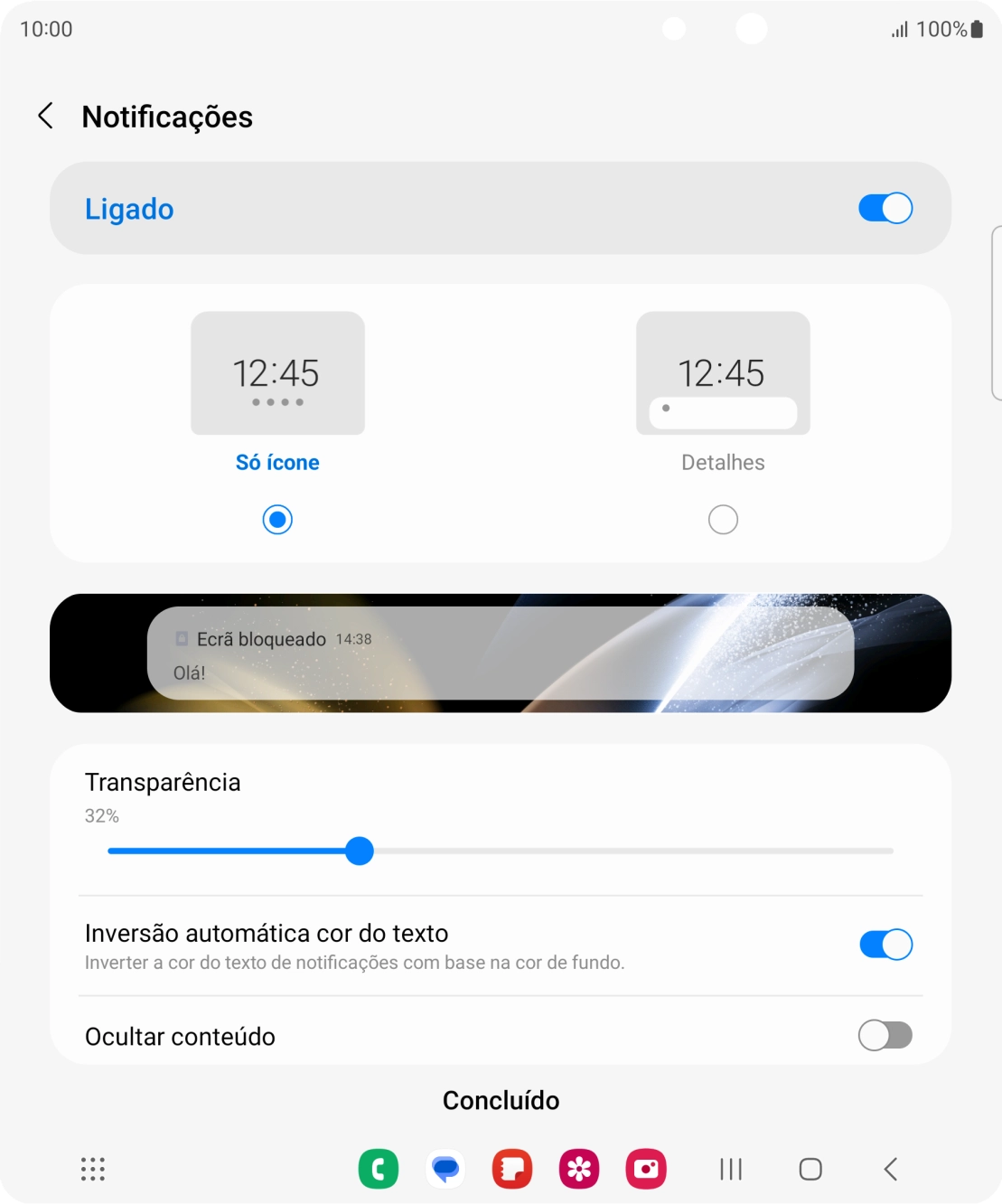 Prima as definições pretendidas para as ativar ou desativar.