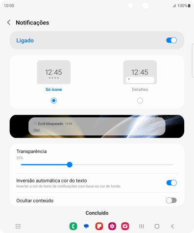 Prima as definições pretendidas para as ativar ou desativar.