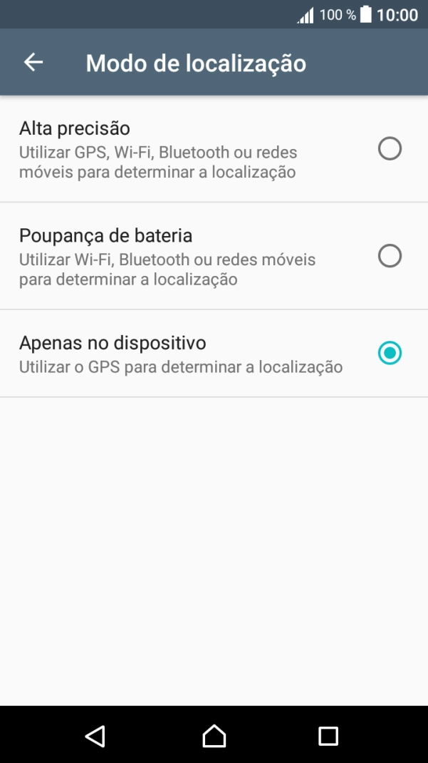 Se escolher Alta precisão, o telefone irá encontrar a sua localização precisa utilizando os satélites GPS, a rede móvel e as redes Wi-Fi  nas proximidades. A navegação por satélite GPS requer vista livre ao céu.