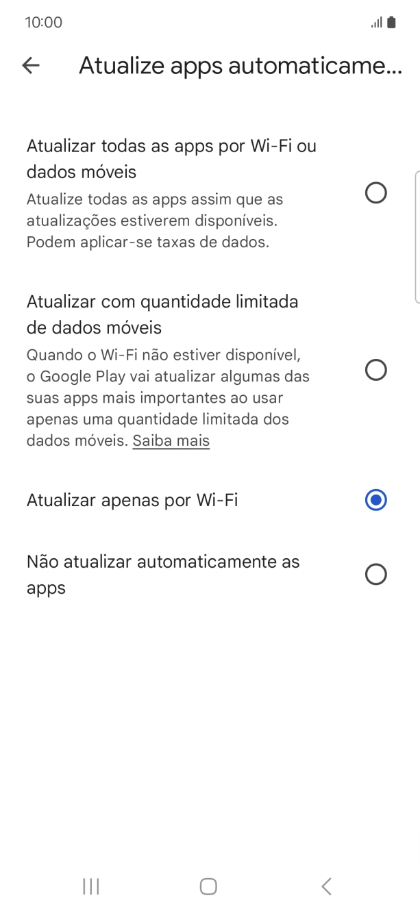 Para ativar a atualização automática de apps via redes móveis, prima Atualizar todas as apps por Wi-Fi ou dados móveis.