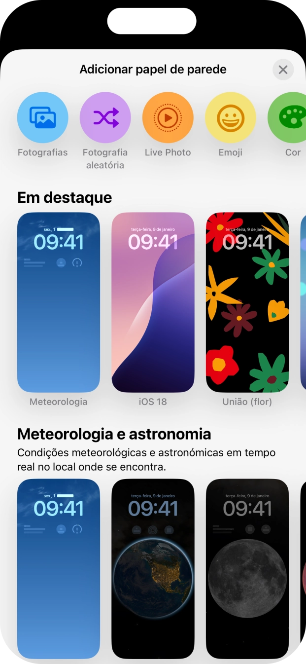 Prima a categoria pretendida e siga as indicações no ecrã para escolher a imagem de fundo pretendida.