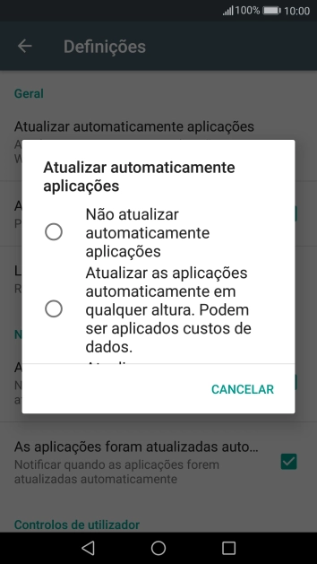 Prima Não atualizar automaticamente aplicações para desativar a função.