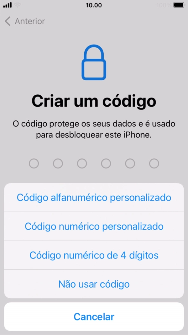 Siga as indicações no ecrã para ativar a utilização do código de bloqueio do telefone ou prima Não usar código.