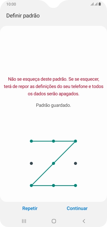 Deslize o dedo no ecrã ligando pelo menos quatro pontos e prima Continuar.